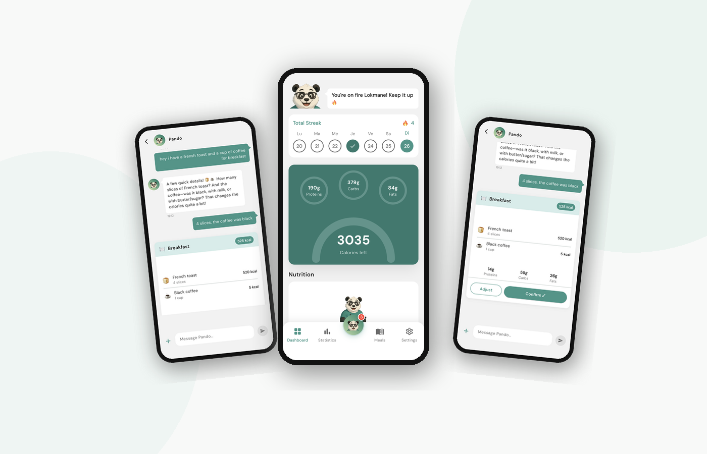 Pando app — chat, dashboard and meal confirmation screens